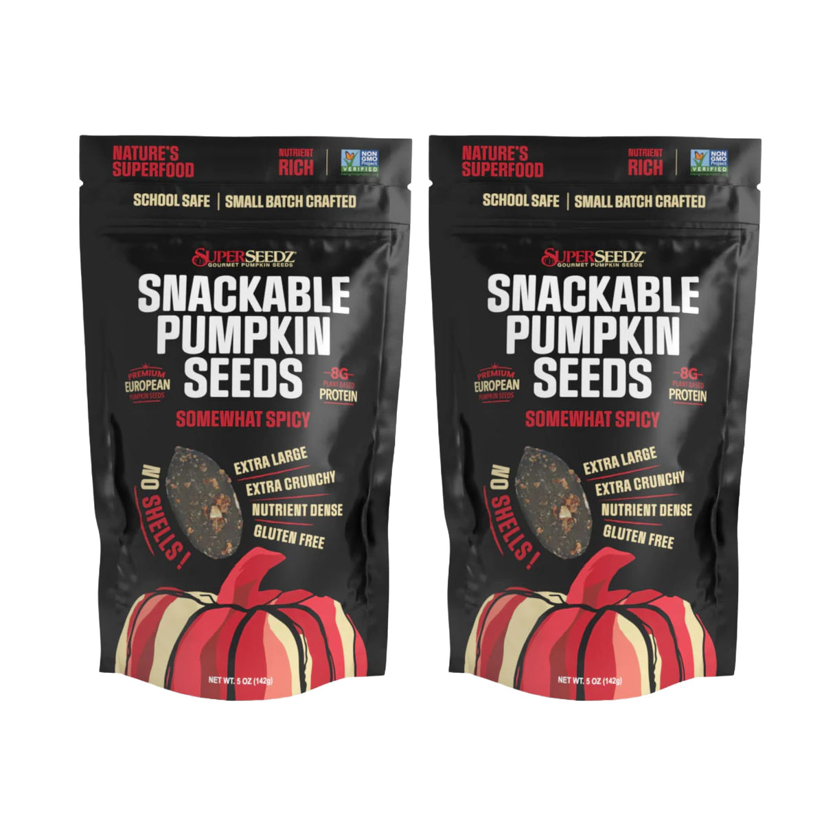 SuperSeedz front packaging showing 5oz spicy pumpkin seeds and brand
