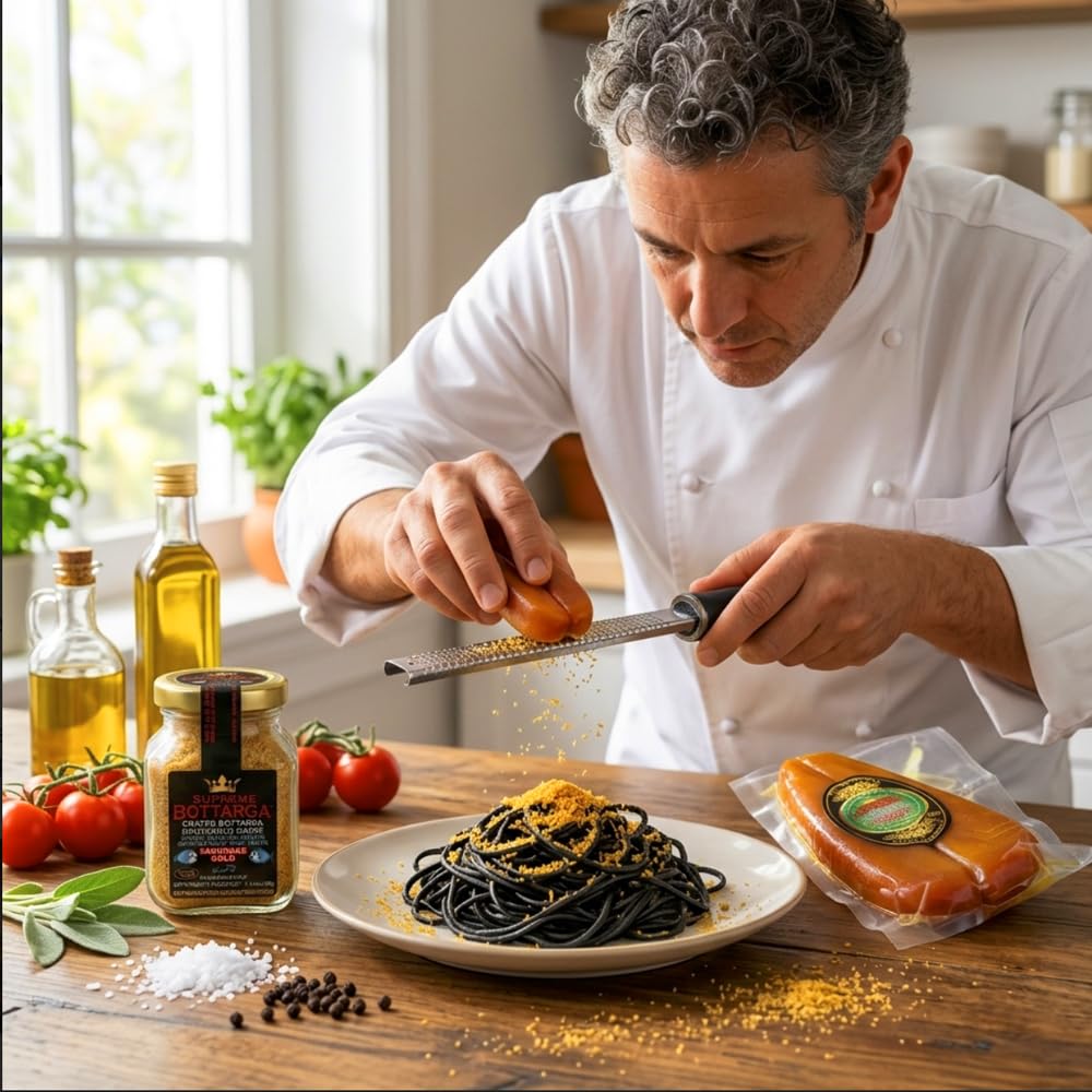 Supreme Bottarga freshly grated over pasta, Supreme Bottarga adds umami depth