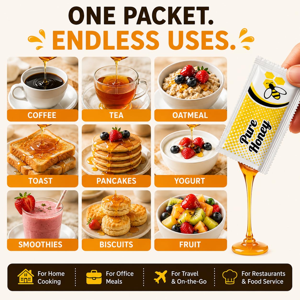 SUPREME IMPRESSION open packet being squeezed into tea demonstrating no-mess pouring benefit