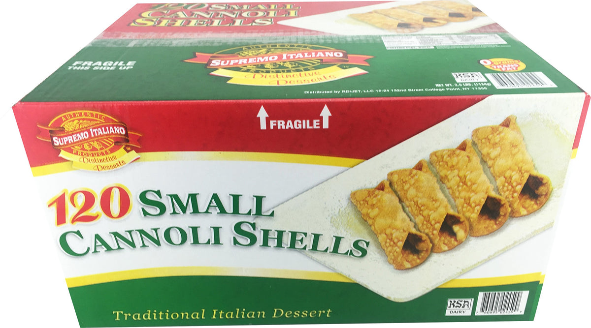 Supremo Italiano front packaging showing 120 small cannoli shells and product details, convenient for events