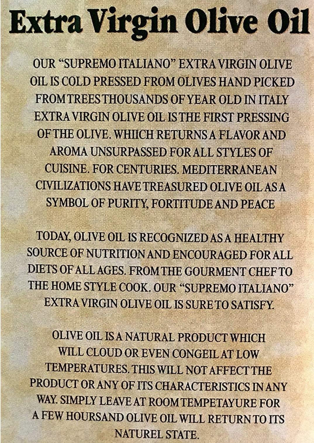 Supremo Italiano label detail highlighting Italian packing and extra virgin quality