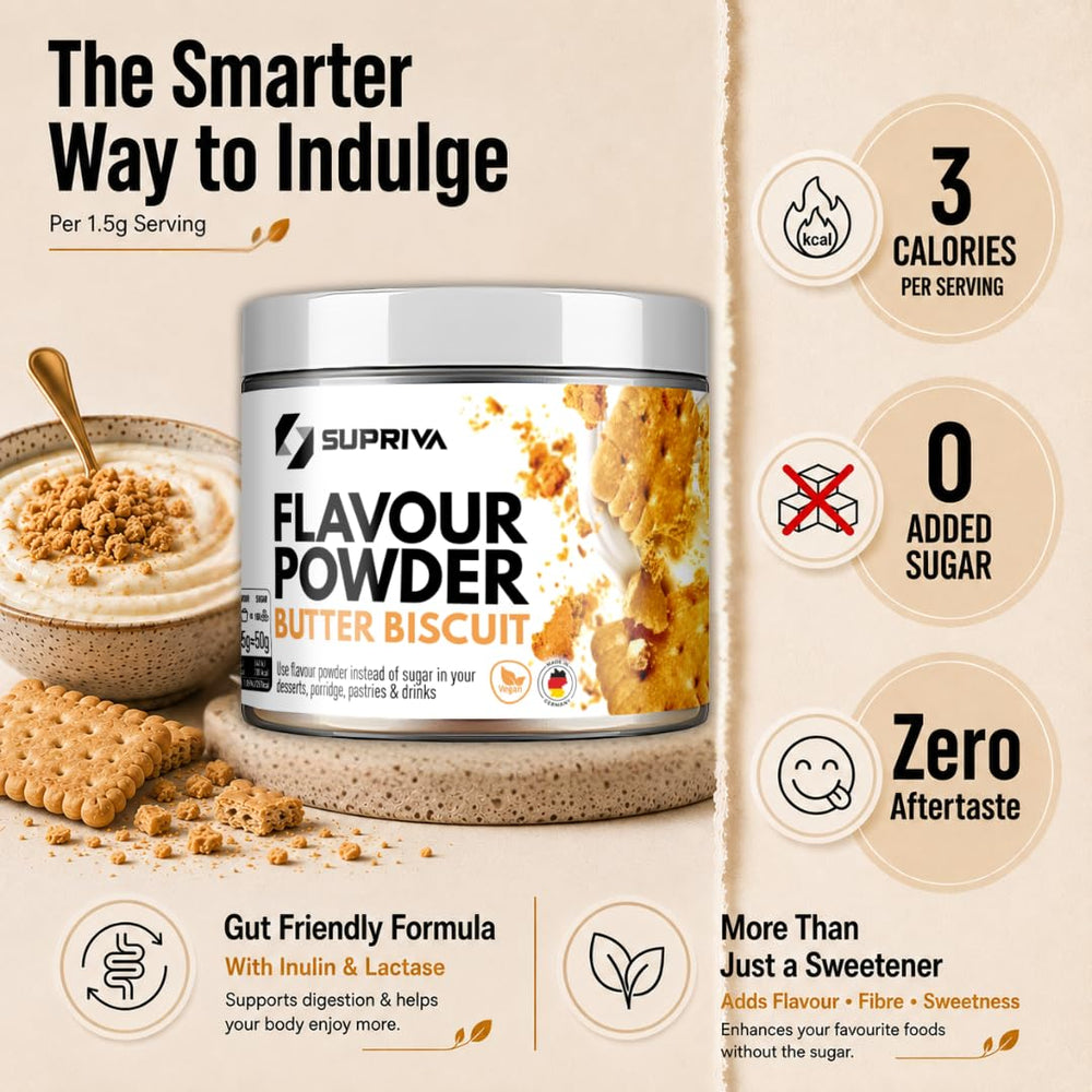 SUPRIVA powder close-up texture showing fine, mixable granules for even flavoring