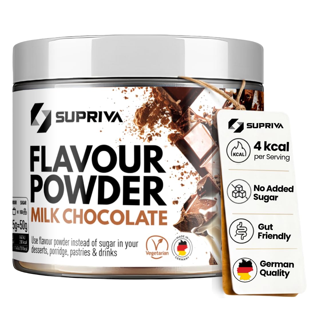 SUPRIVA front packaging showing milk chocolate powder and servings benefit