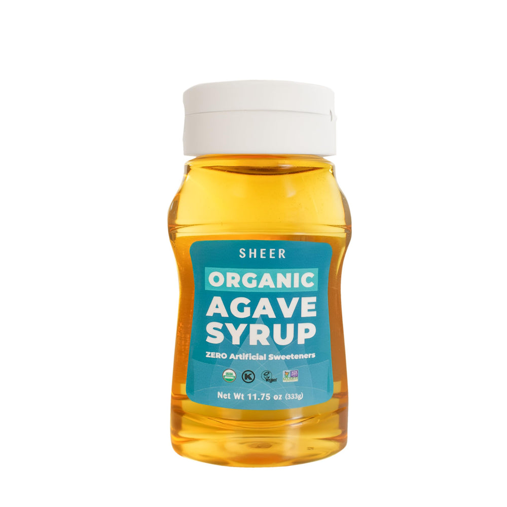 THE SUSTAINABLE AGAVE COMPANY bottle front shows clean organic packaging and easy-pour cap