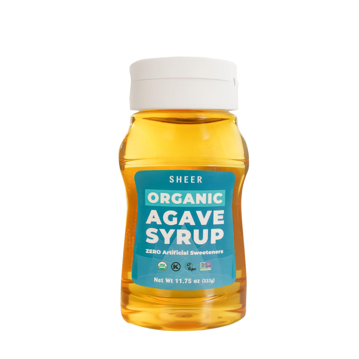 THE SUSTAINABLE AGAVE COMPANY bottle front shows clean organic packaging and easy-pour cap