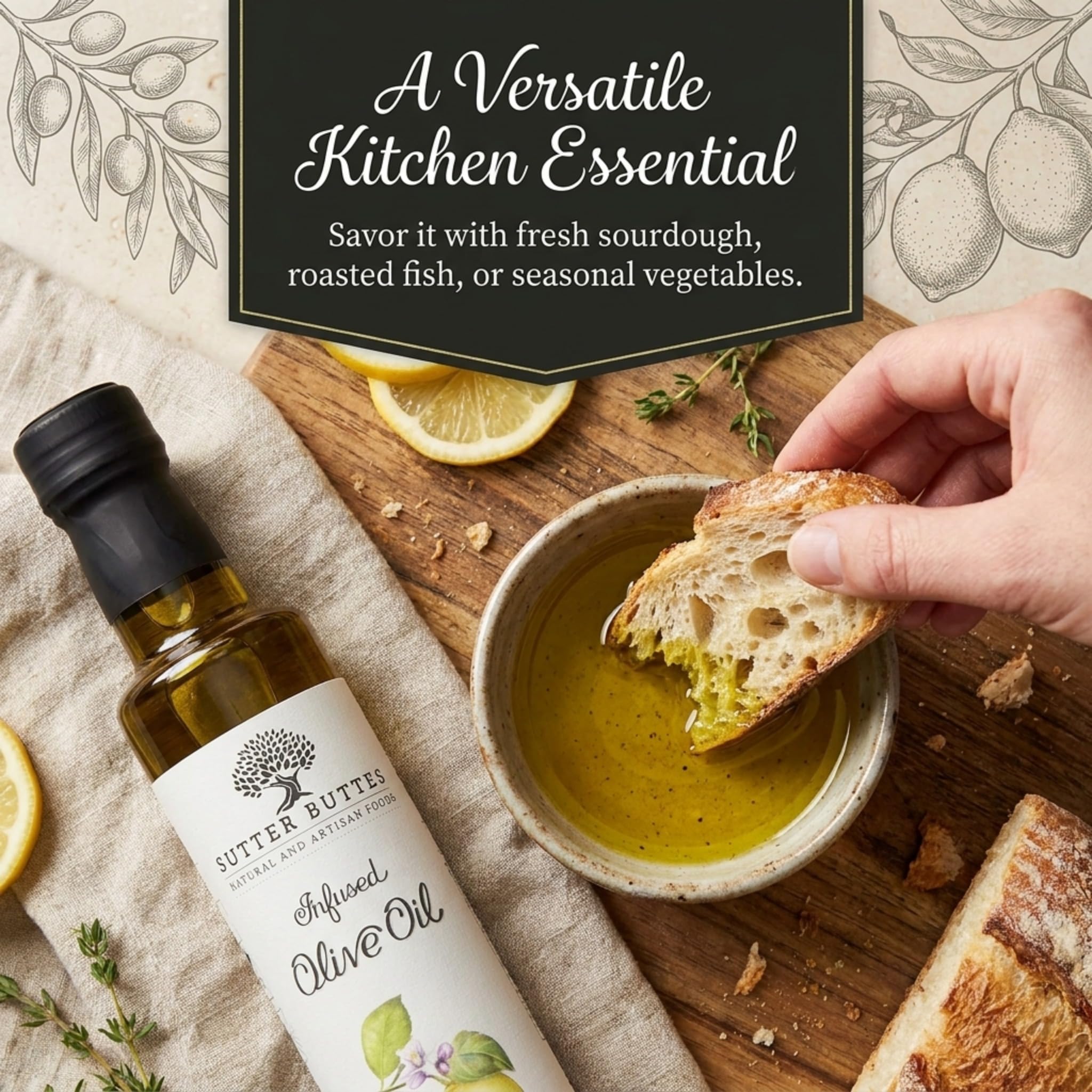 Sutter Buttes pouring oil onto food demonstrating easy use and flavor boost