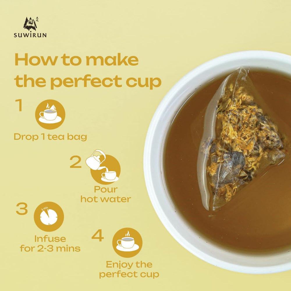 Suwirun brewed chrysanthemum tea cup with golden liquor offering a delicate floral sip