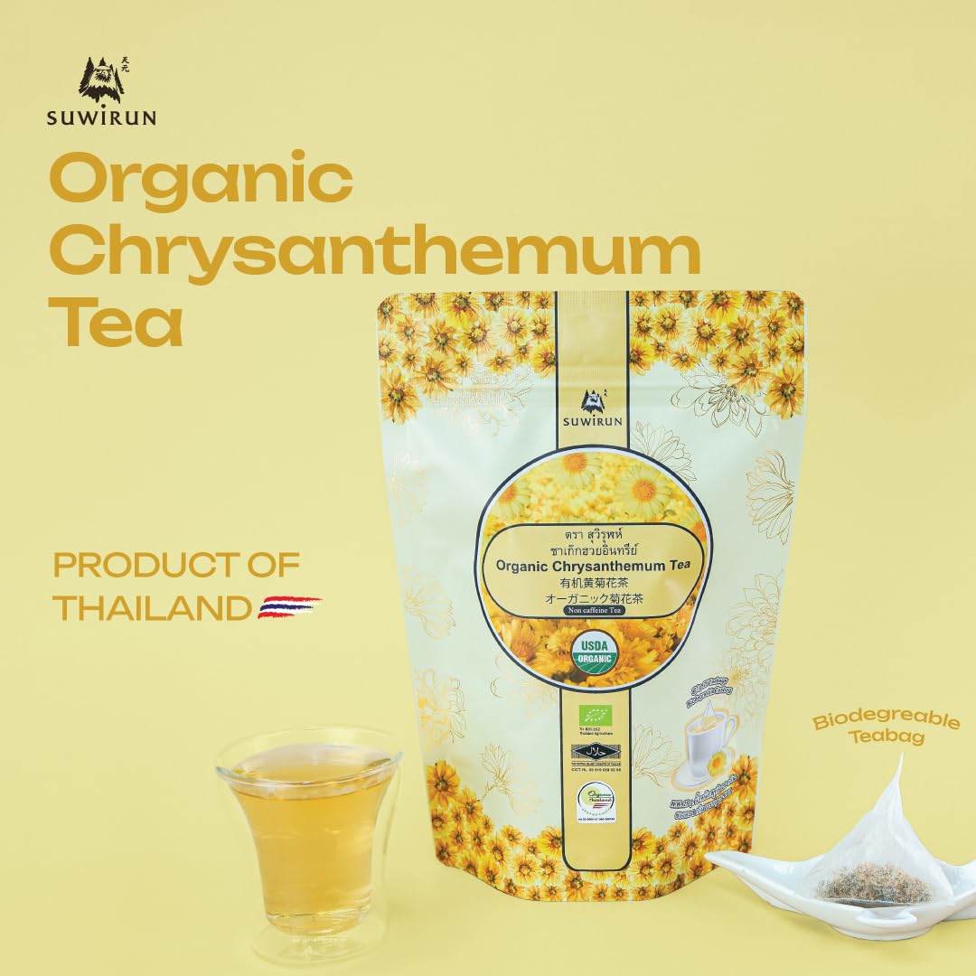 Suwirun triangle tea bag close-up revealing whole chrysanthemum flowers for better infusion