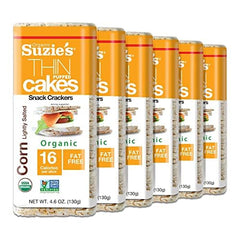 SUZIE'S front packaging showing organic corn cake thins and pack count