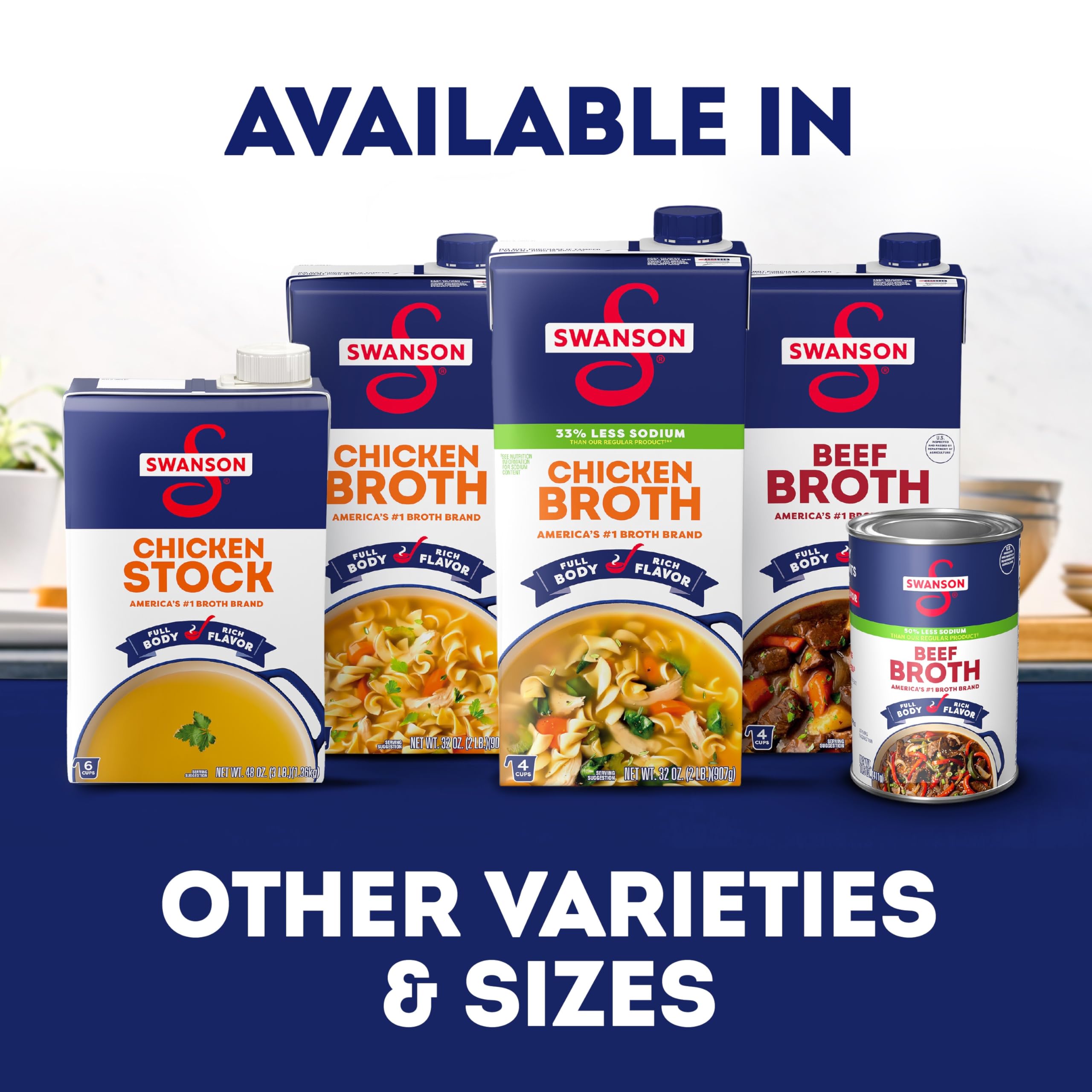 Stacked 12-pack of Swanson beef broth cans for pantry stocking and meal prep