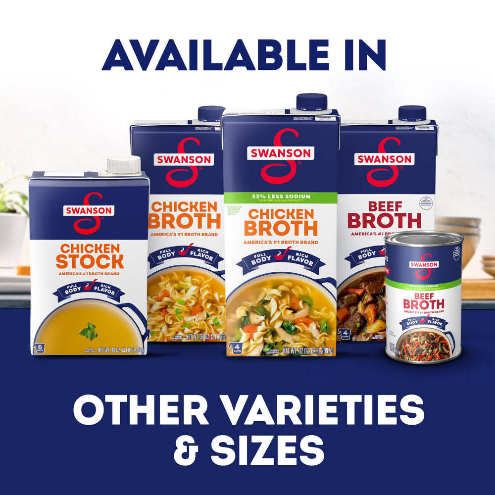 Stacked 12-pack of Swanson beef broth cans for pantry stocking and meal prep