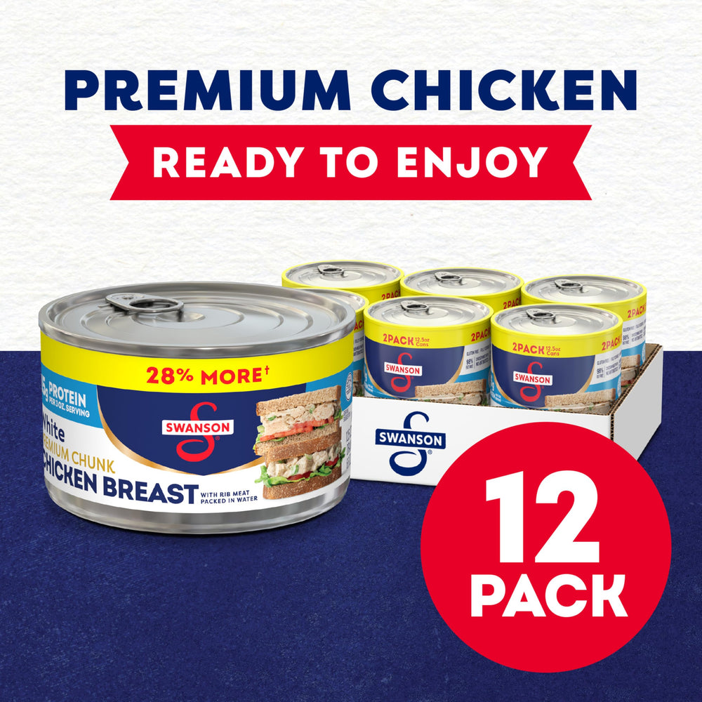 Swanson open can top view showing chunk chicken and convenience