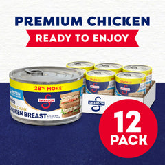 Swanson open can top view showing chunk chicken and convenience
