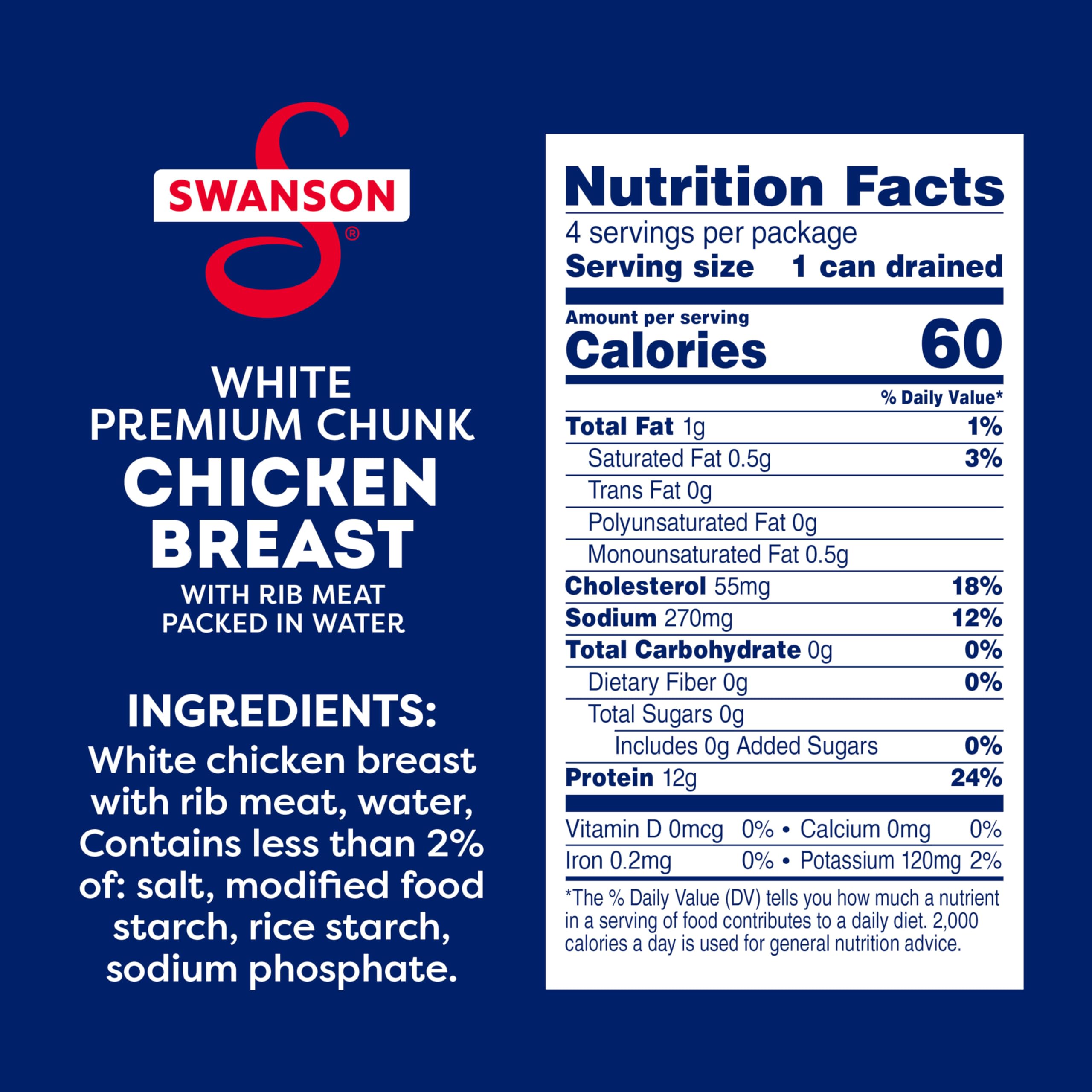 swanson open can with white chicken chunks showing ready-to-eat convenience