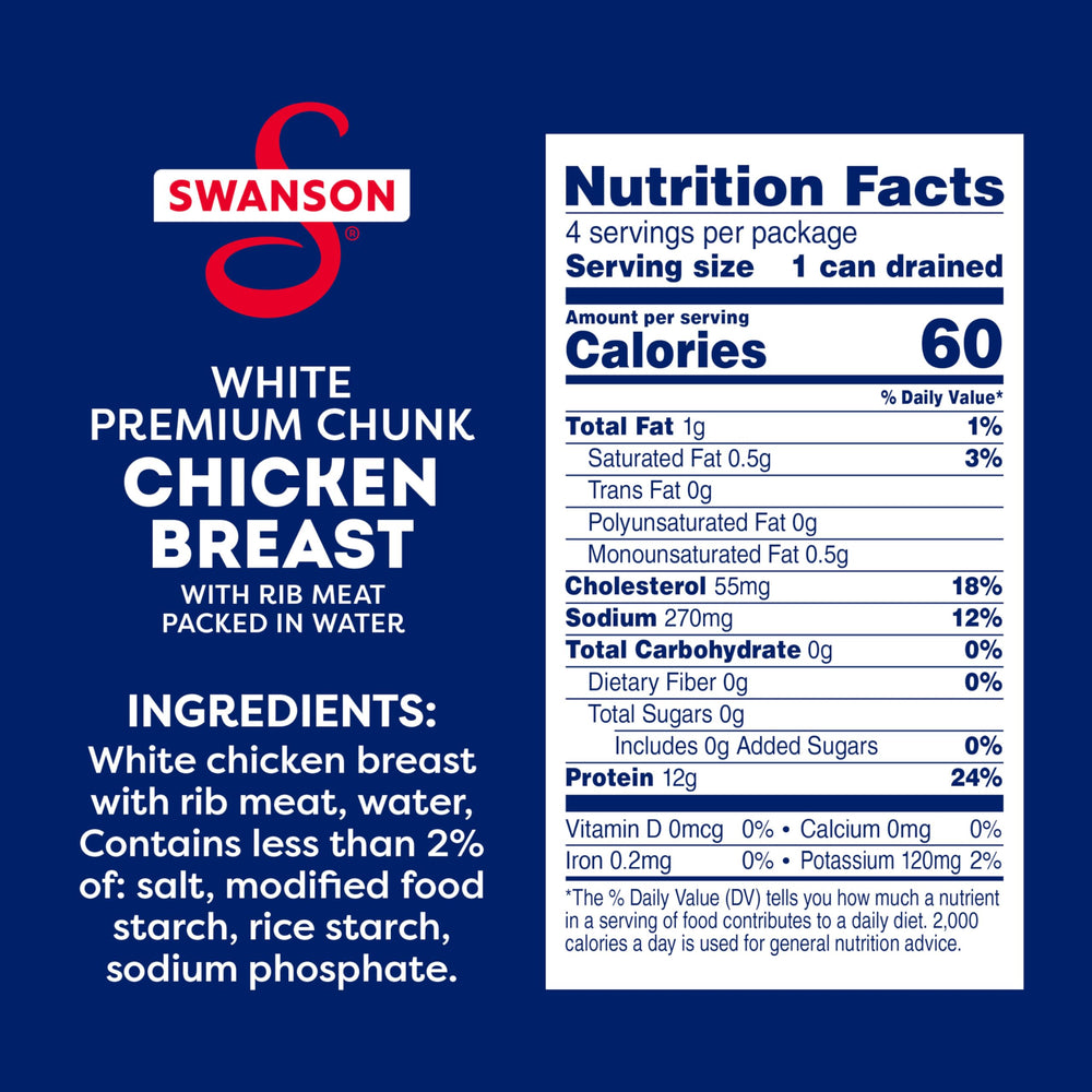 swanson open can with white chicken chunks showing ready-to-eat convenience