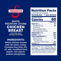 swanson open can with white chicken chunks showing ready-to-eat convenience