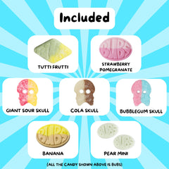 Close-up of Bubs candy textures showing Swe Sweets gummies and sour skulls for variety