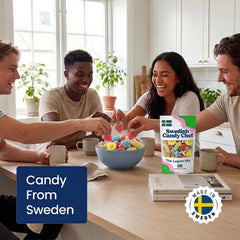 Swedish Candy Chef bowl of candy in living room showing party-ready benefit