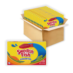 Swedish Fish front packaging showing twelve 3.5 oz boxes and clear branding, easy identification