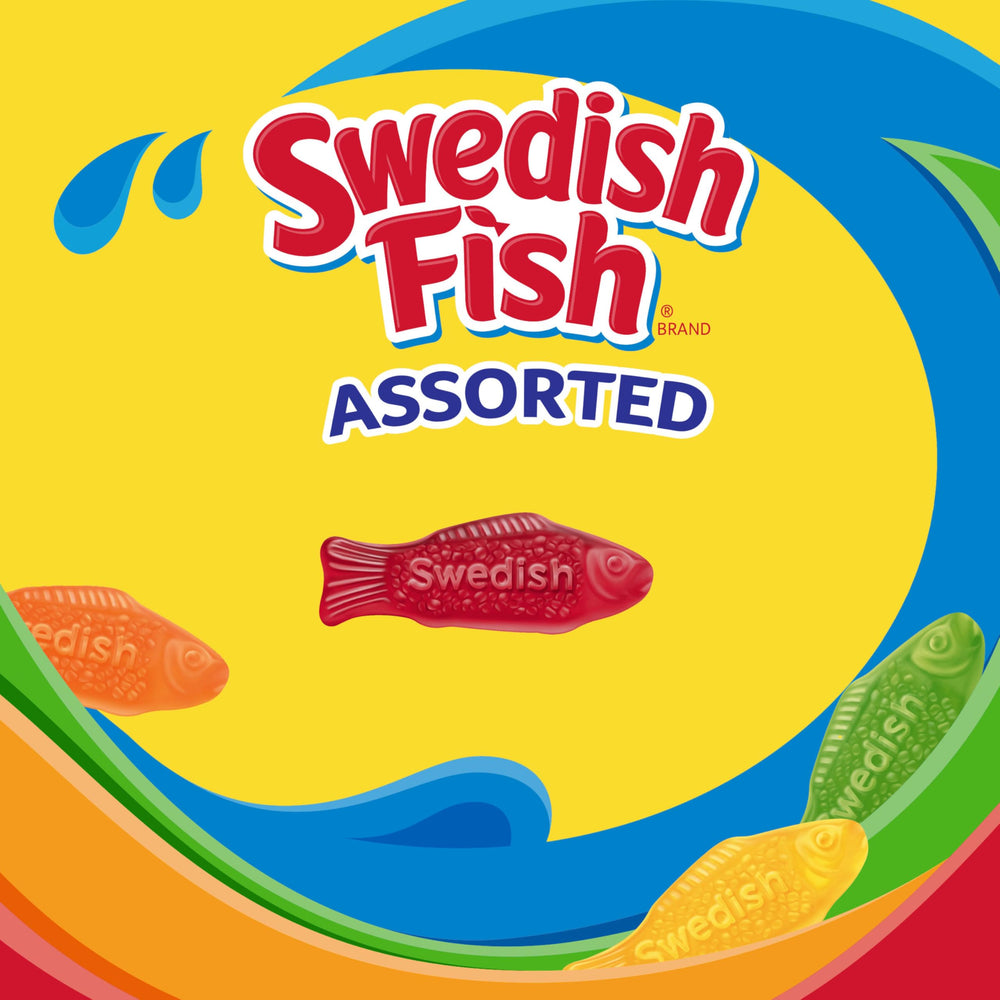 Swedish Fish hand holding a box to show portable size and grab-and-go convenience