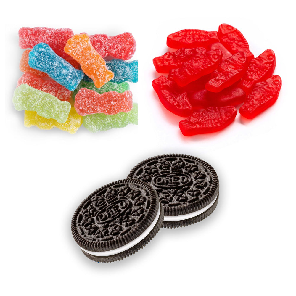close-up of mini Swedish Fish candies from Sour Patch Kids illustrating chewy red gummy appeal