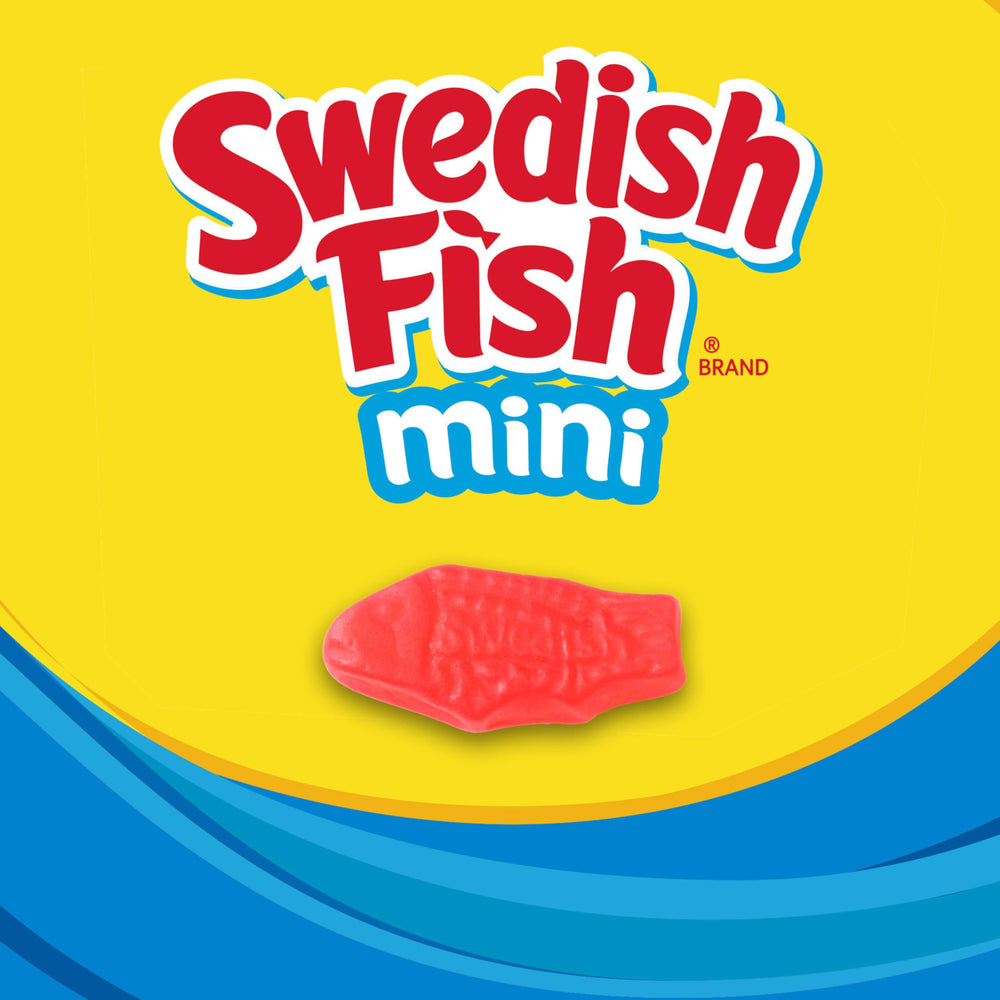 Bowl of Swedish Fish minis at party adding colorful sweet appeal