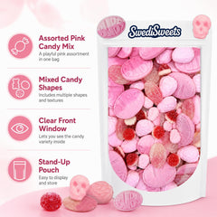 Swedisweets top view of varied pink candies showing flavor variety
