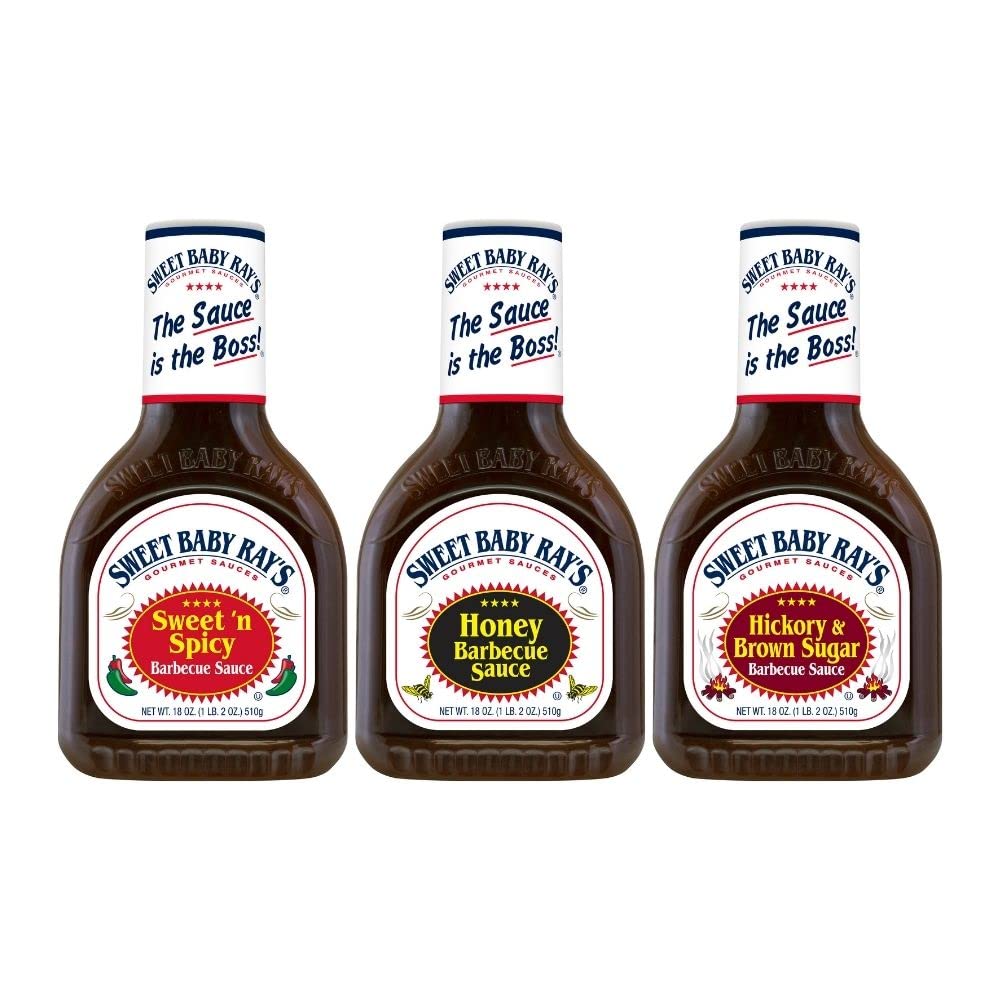 Sweet Baby Ray's front packaging trio showing three 18oz bottles for variety