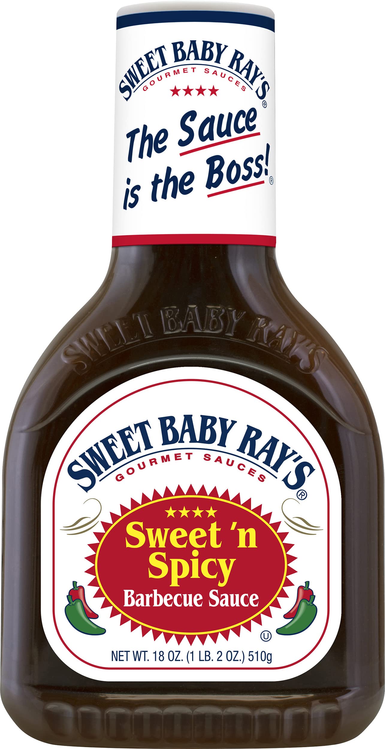 Sweet Baby Ray's hickory bottle label visible with smoky flavor cues and caramel notes