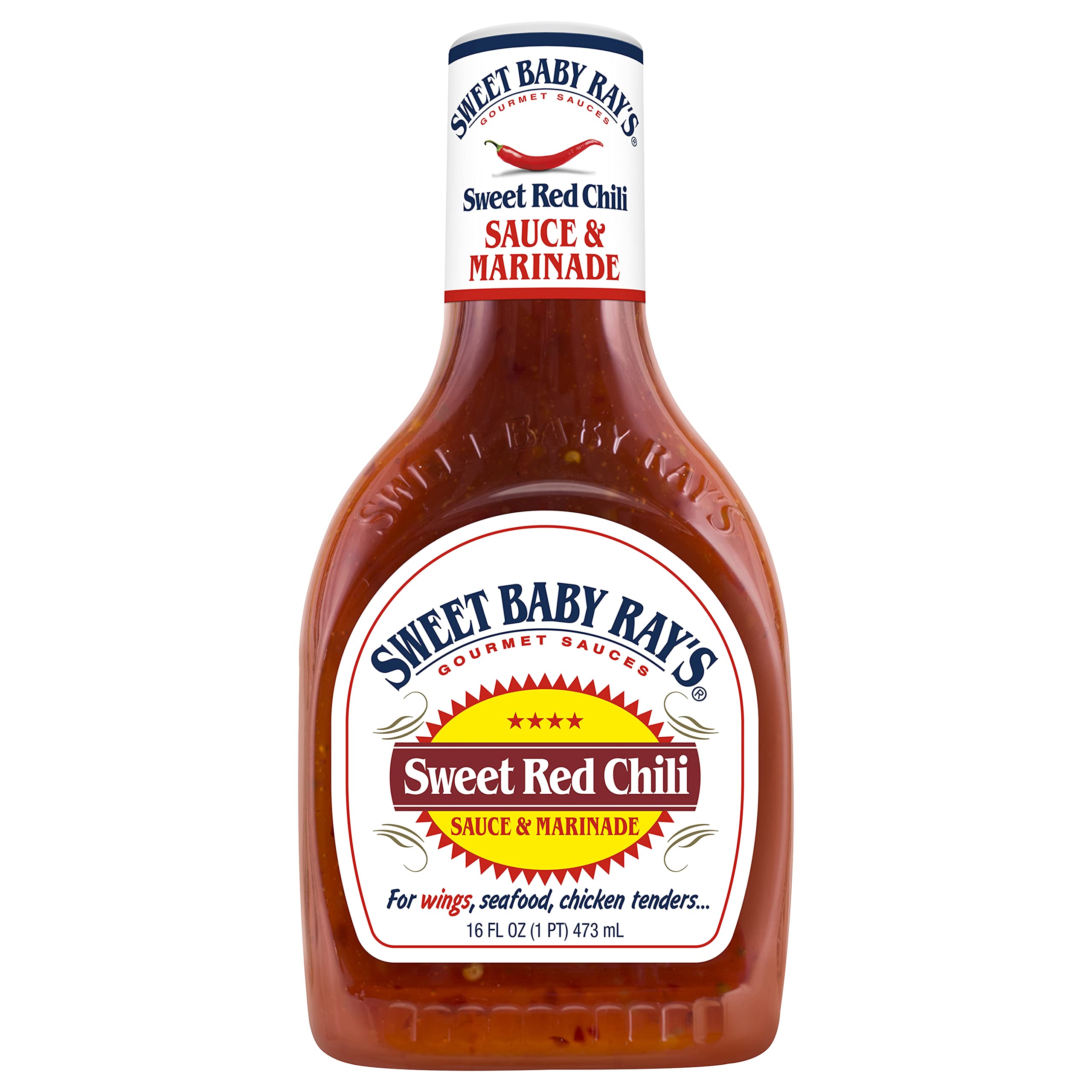 Sweet Baby Ray's sauce pouring from bottle highlighting glossy texture and pour control