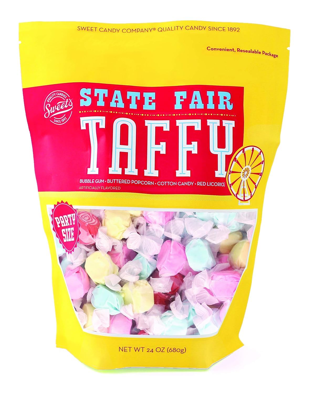 Sweet Candy Company front packaging showing 24 oz bag and colorful taffy — clear product view