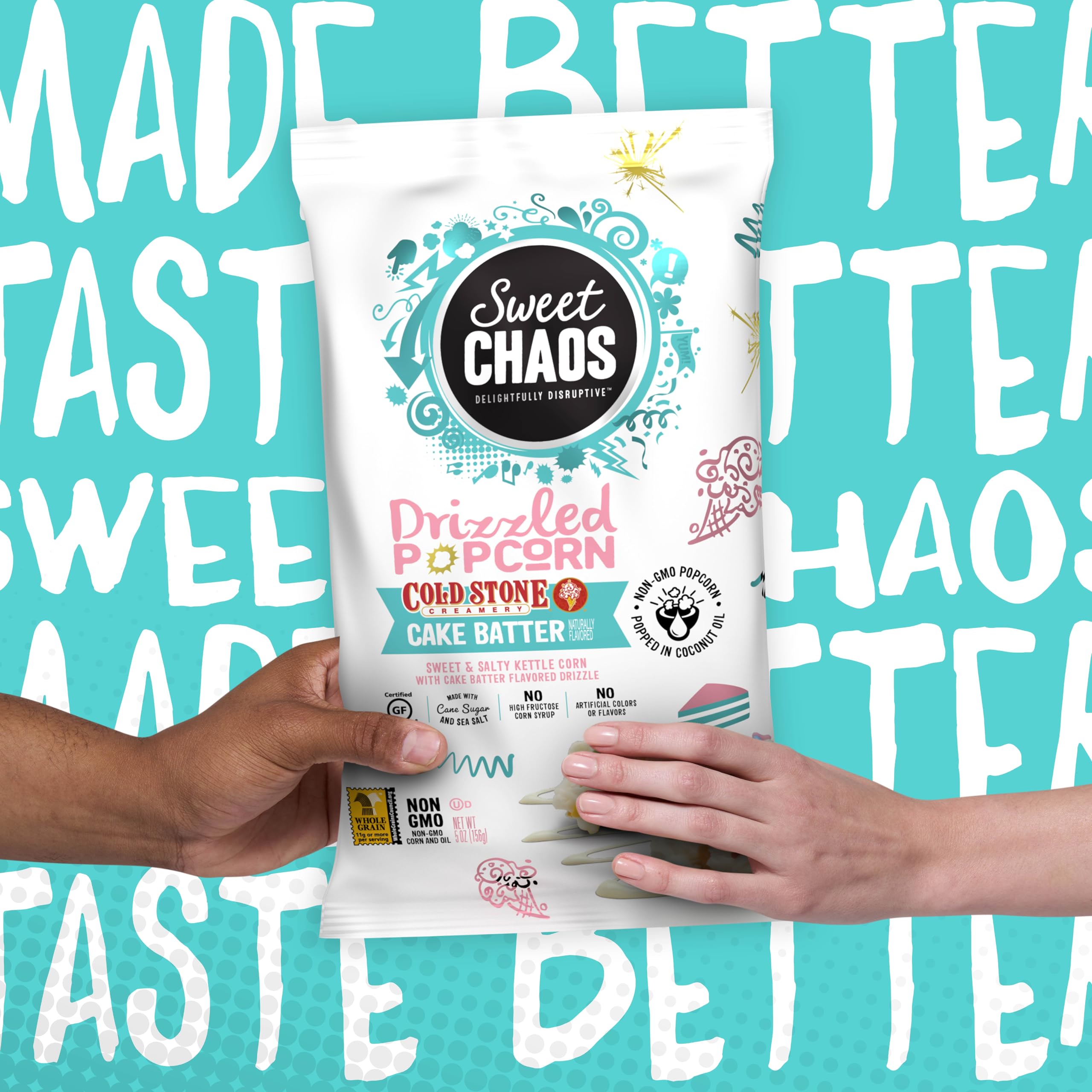 Sweet Chaos bag beside common items to show 5oz size and portability