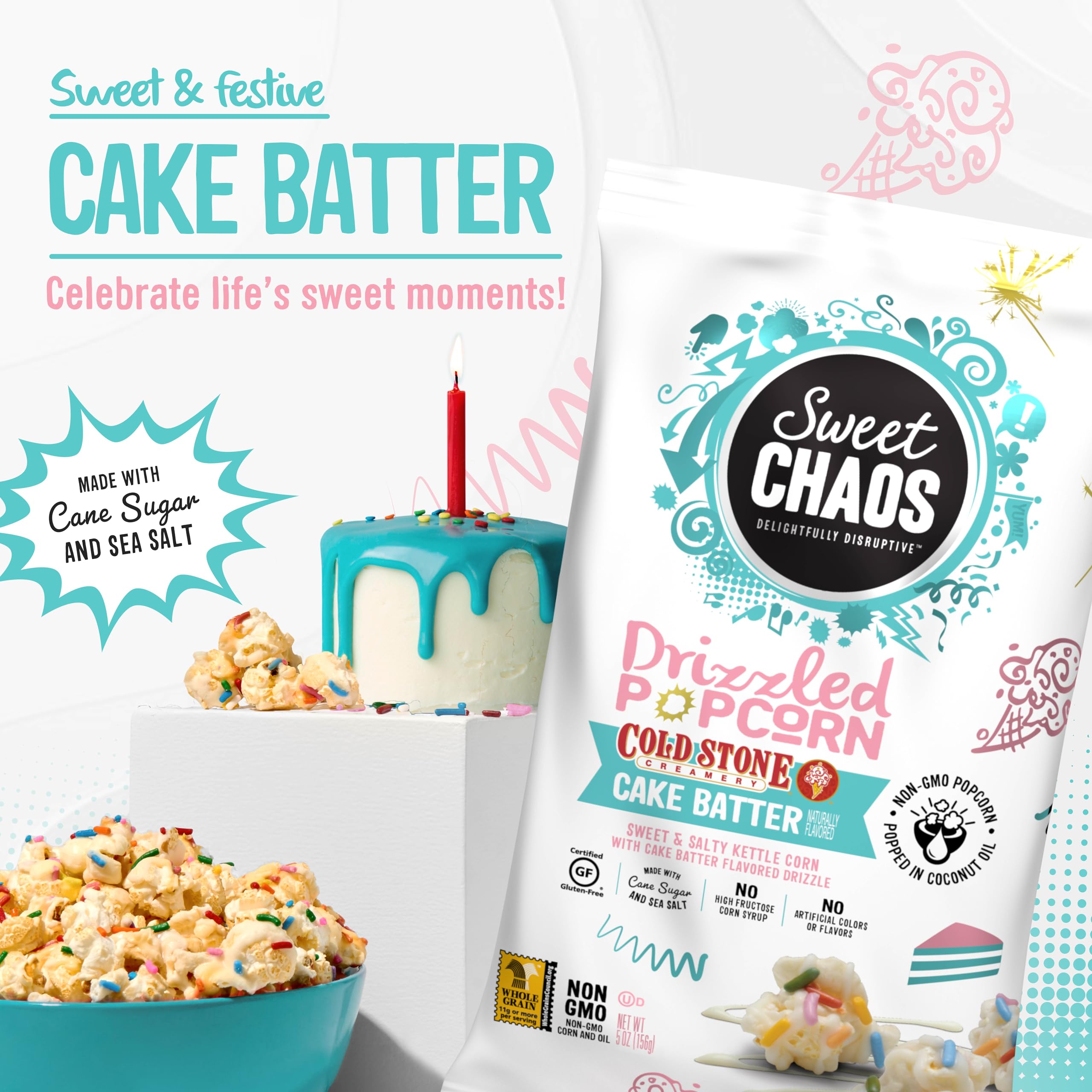 Sweet Chaos popcorn kernel texture popped in coconut oil for crunch