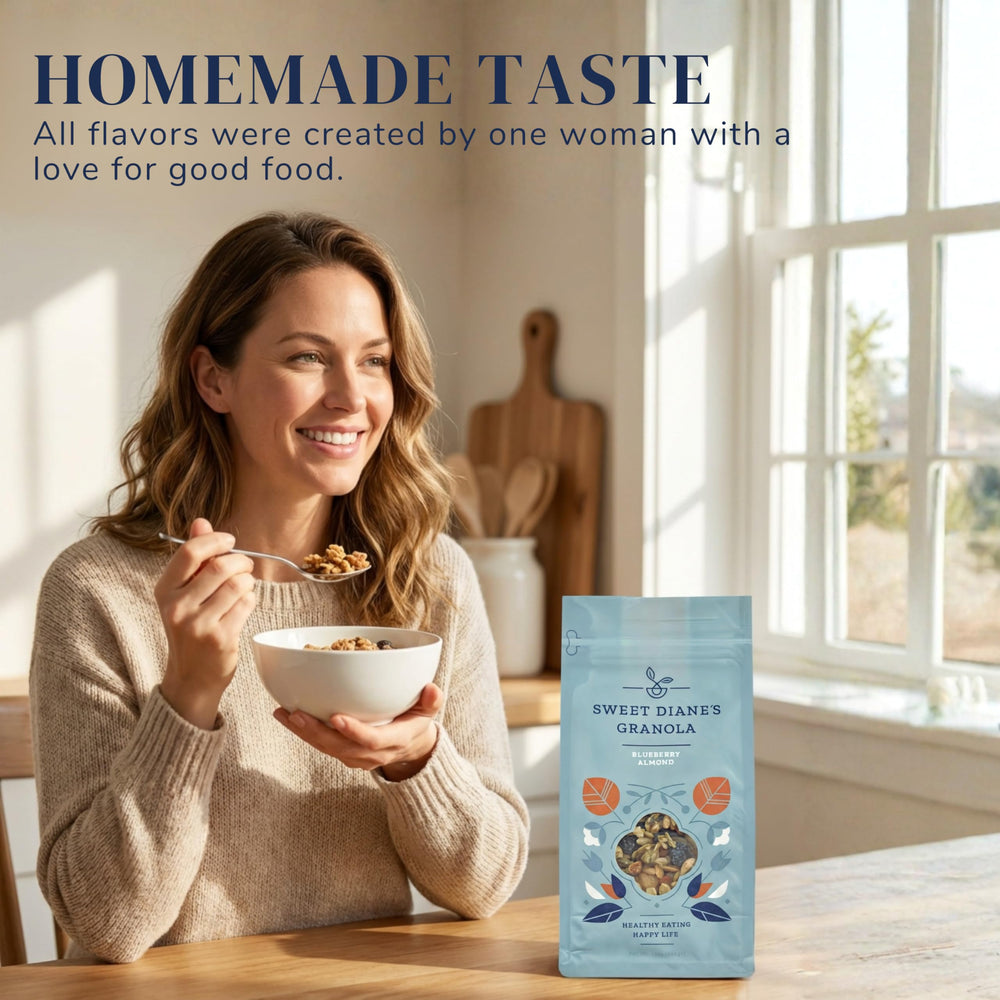 Sweet Diane's granola poured into a bowl with milk for a quick breakfast