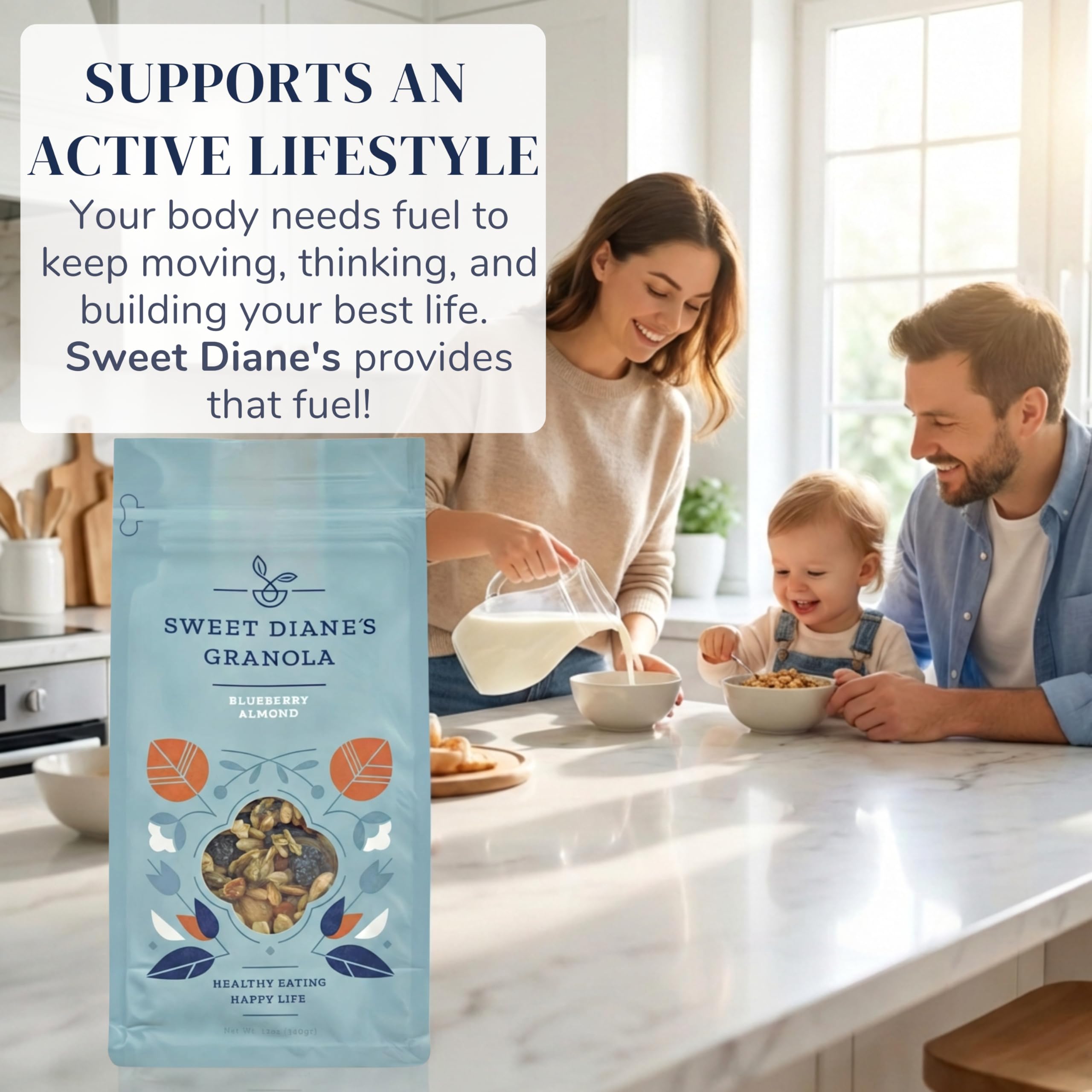 Sweet Diane's granola styled on a breakfast table for wholesome morning appeal