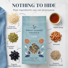 Sweet Diane's granola beside a spoon to show standard 12 oz portion size