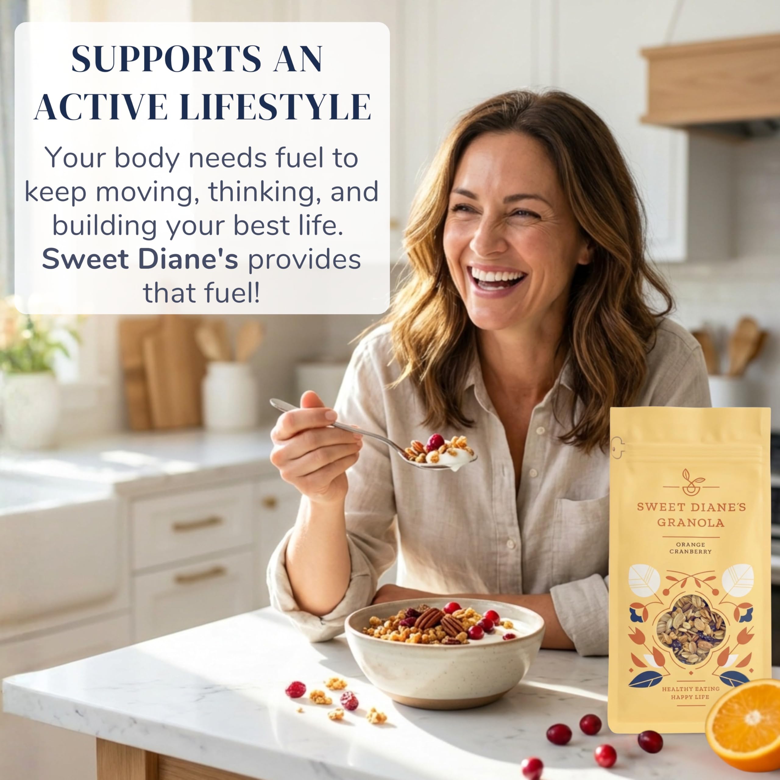 Sweet Diane's granola on a breakfast table with coffee and fruit conveying wholesome morning routines