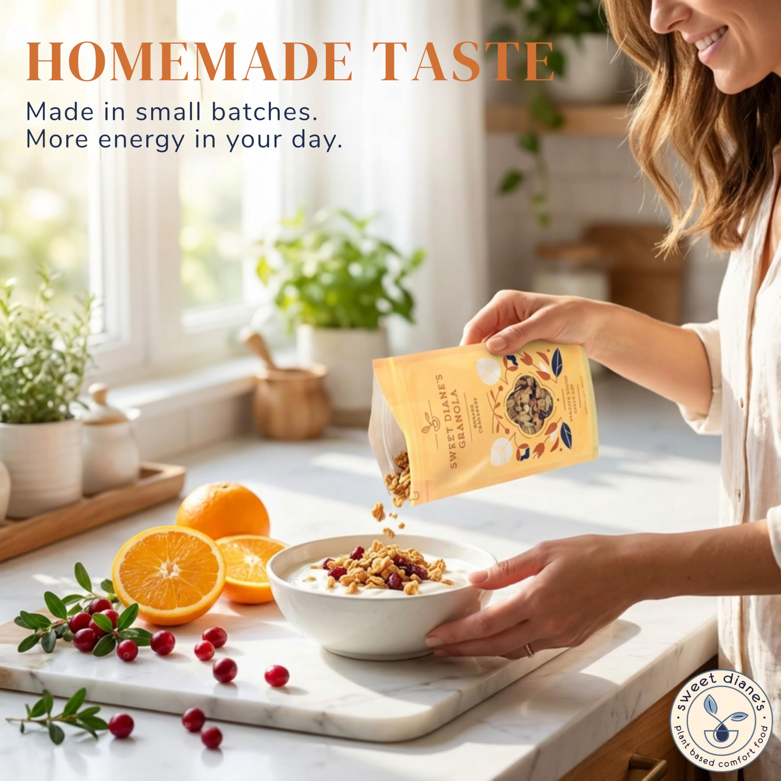 Sweet Diane's granola in a bowl with ingredients showcasing organic oats and cranberries for wholesome fuel