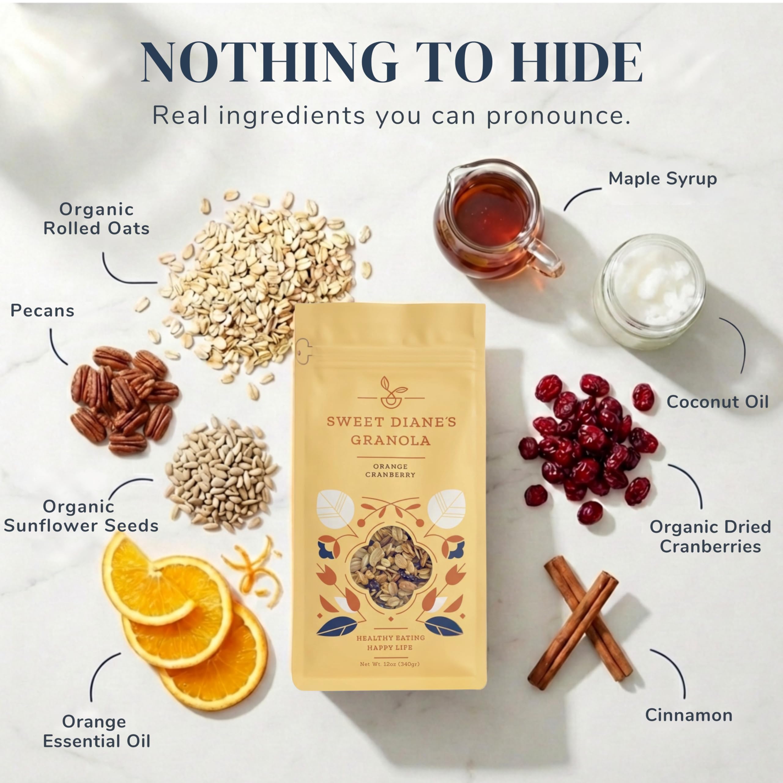 Spoon serving Sweet Diane's granola over a bowl offering easy portion control and fiber boost