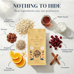 Spoon serving Sweet Diane's granola over a bowl offering easy portion control and fiber boost