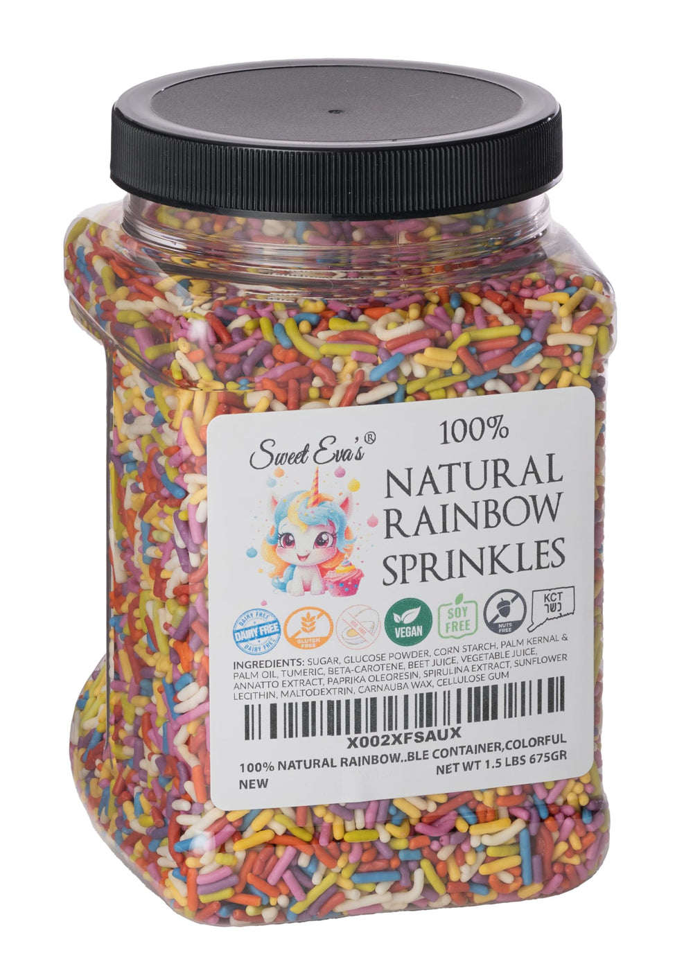 Sweet Eva’s front view of clear 1.5 lb container showing colorful natural sprinkles and easy storage benefit