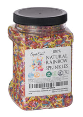 Sweet Eva’s front view of clear 1.5 lb container showing colorful natural sprinkles and easy storage benefit