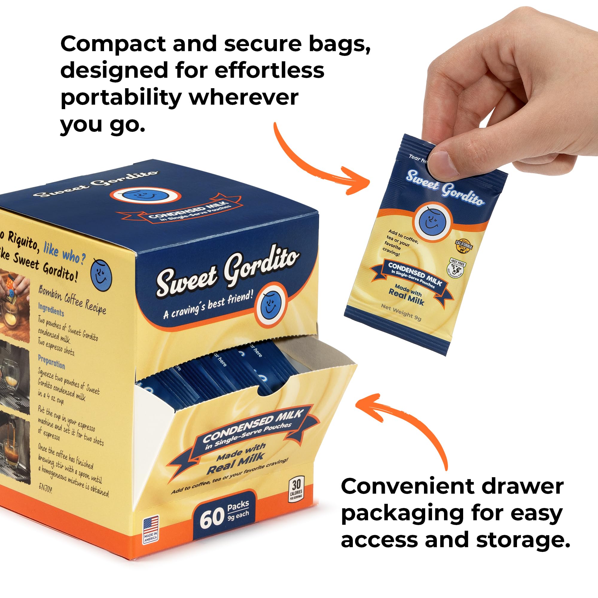 Sweet Gordito packets in backpack illustrating travel-friendly convenience