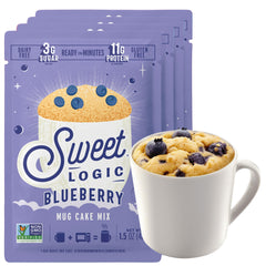 Sweet Logic front packaging showing blueberry mug cake mix and branding benefit convenience