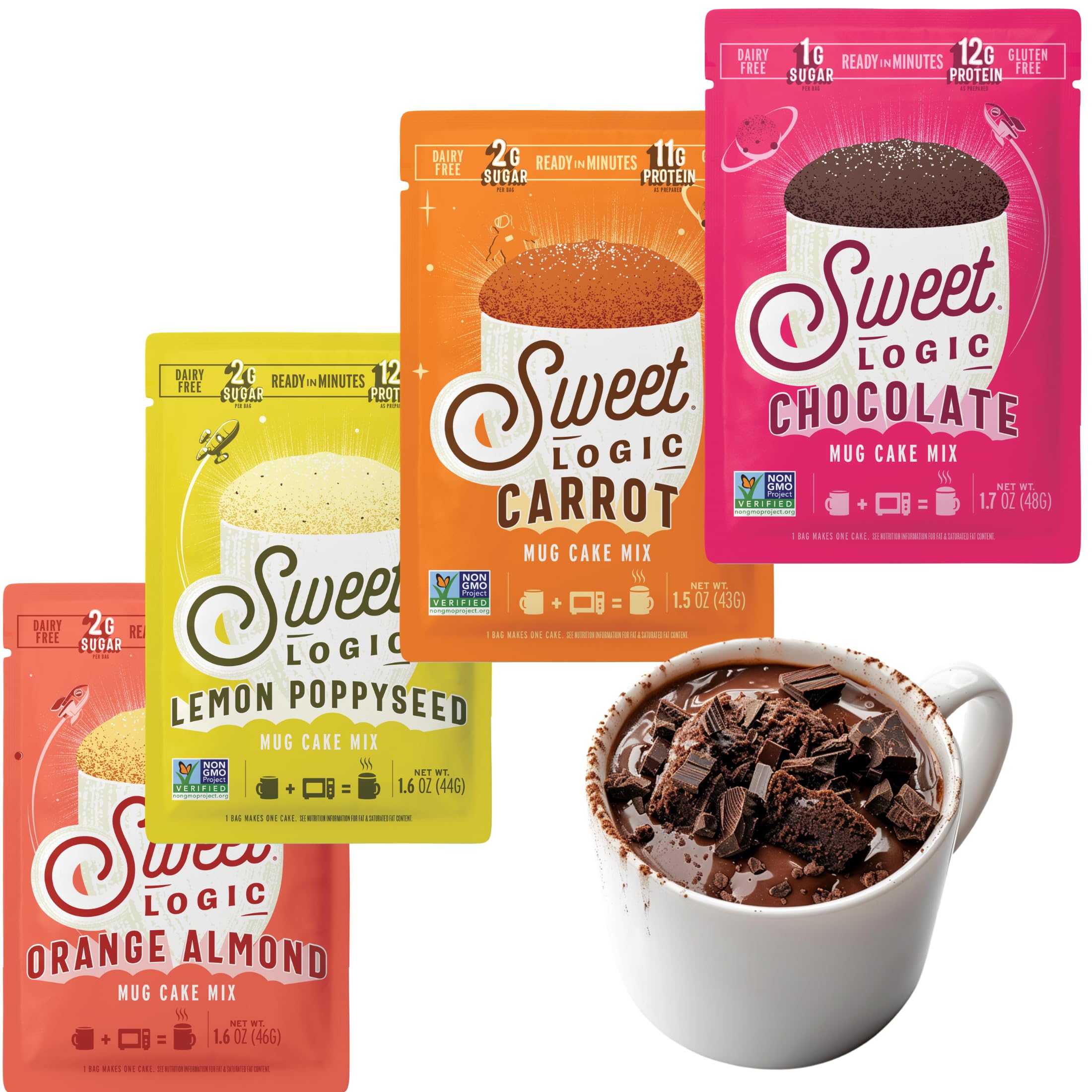 Sweet Logic variety pack front view showing four keto mug cake flavors and convenience