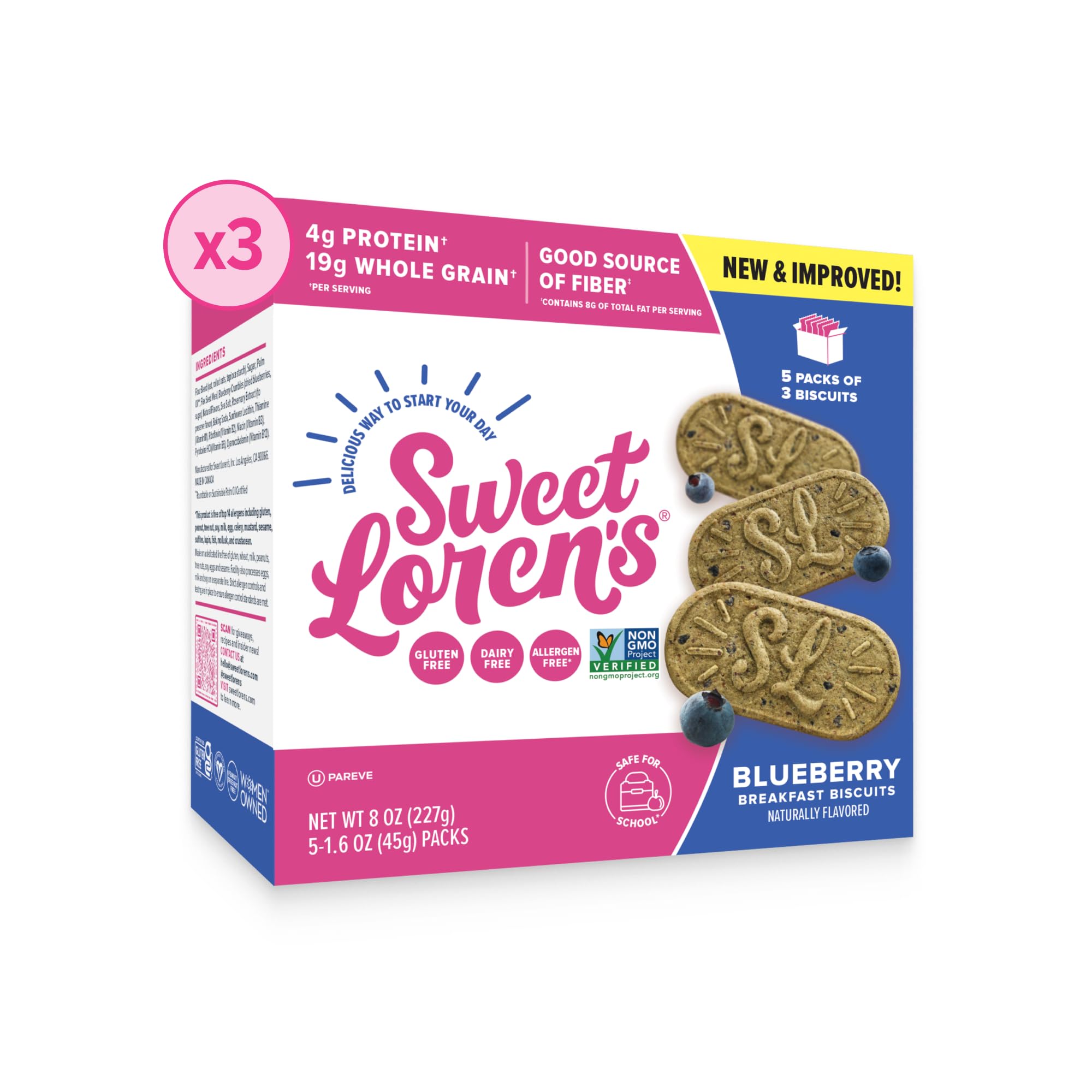 Sweet Loren's front packaging showing blueberry biscuits and portion count