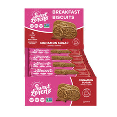 Sweet Loren's front of box showing cinnamon sugar biscuits and portability benefit