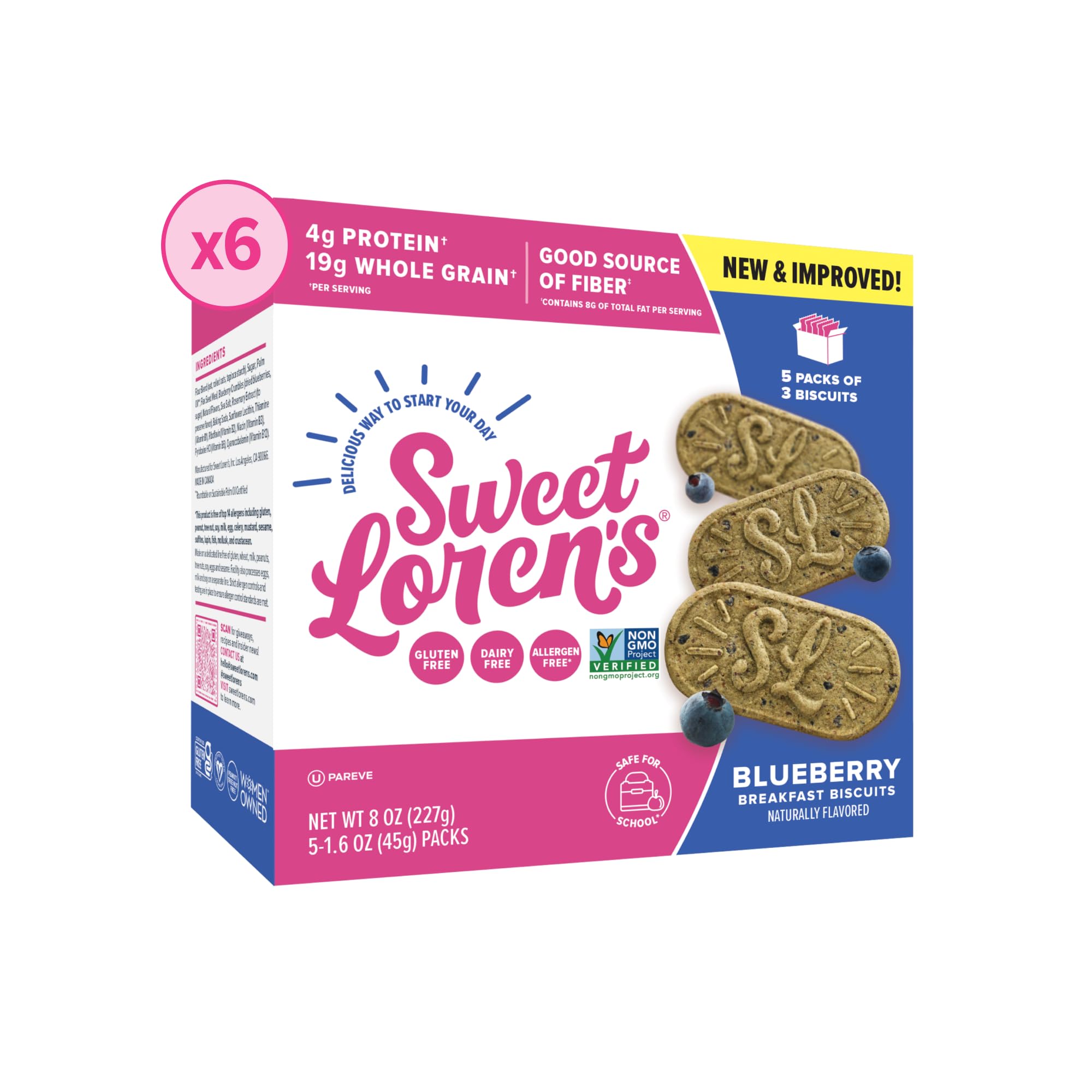 Sweet Loren's front packaging showing blueberry biscuits and pack benefit