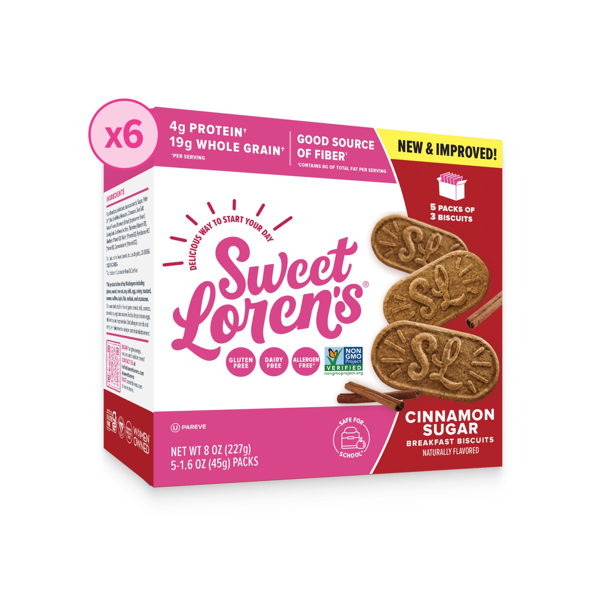 Sweet Loren's front packaging showing cinnamon sugar biscuits and pack count benefit convenience