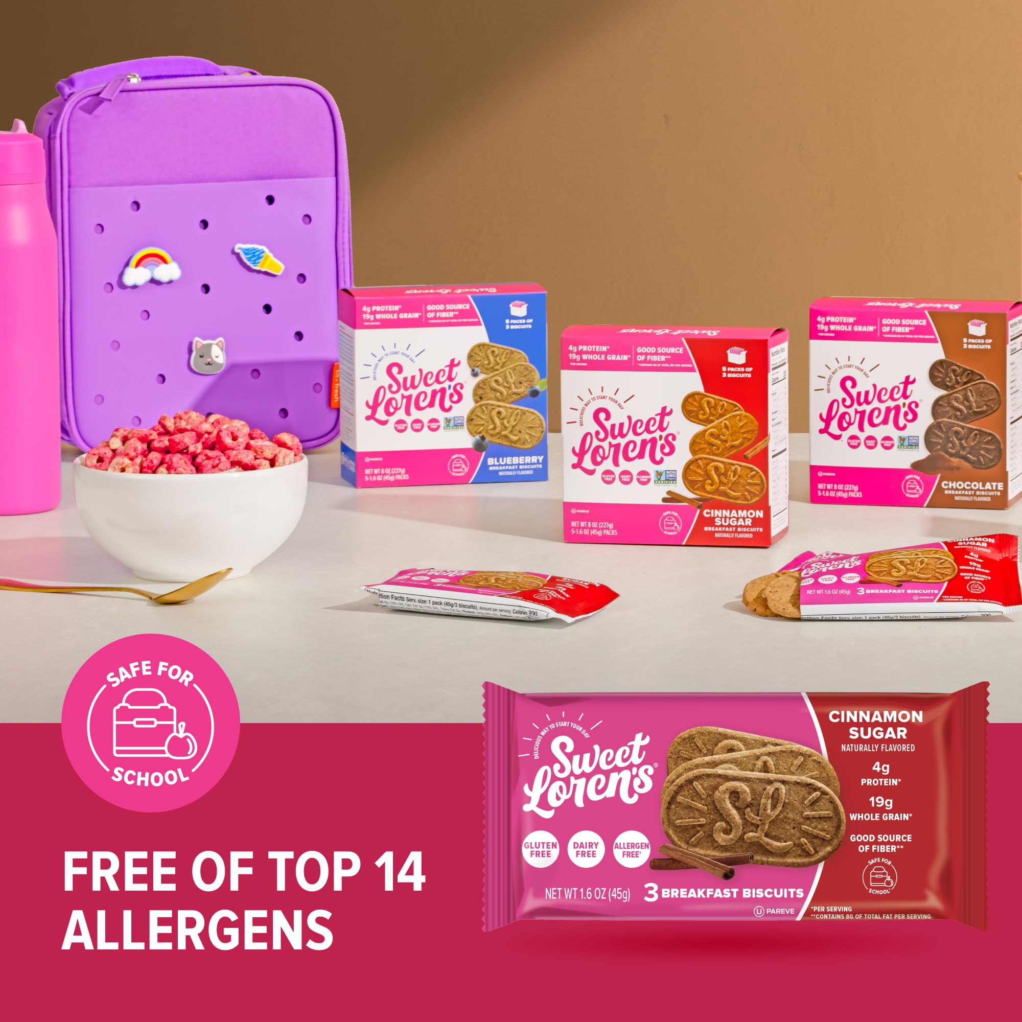 Sweet Loren's biscuits inside a school lunchbox illustrating allergen-friendly convenience